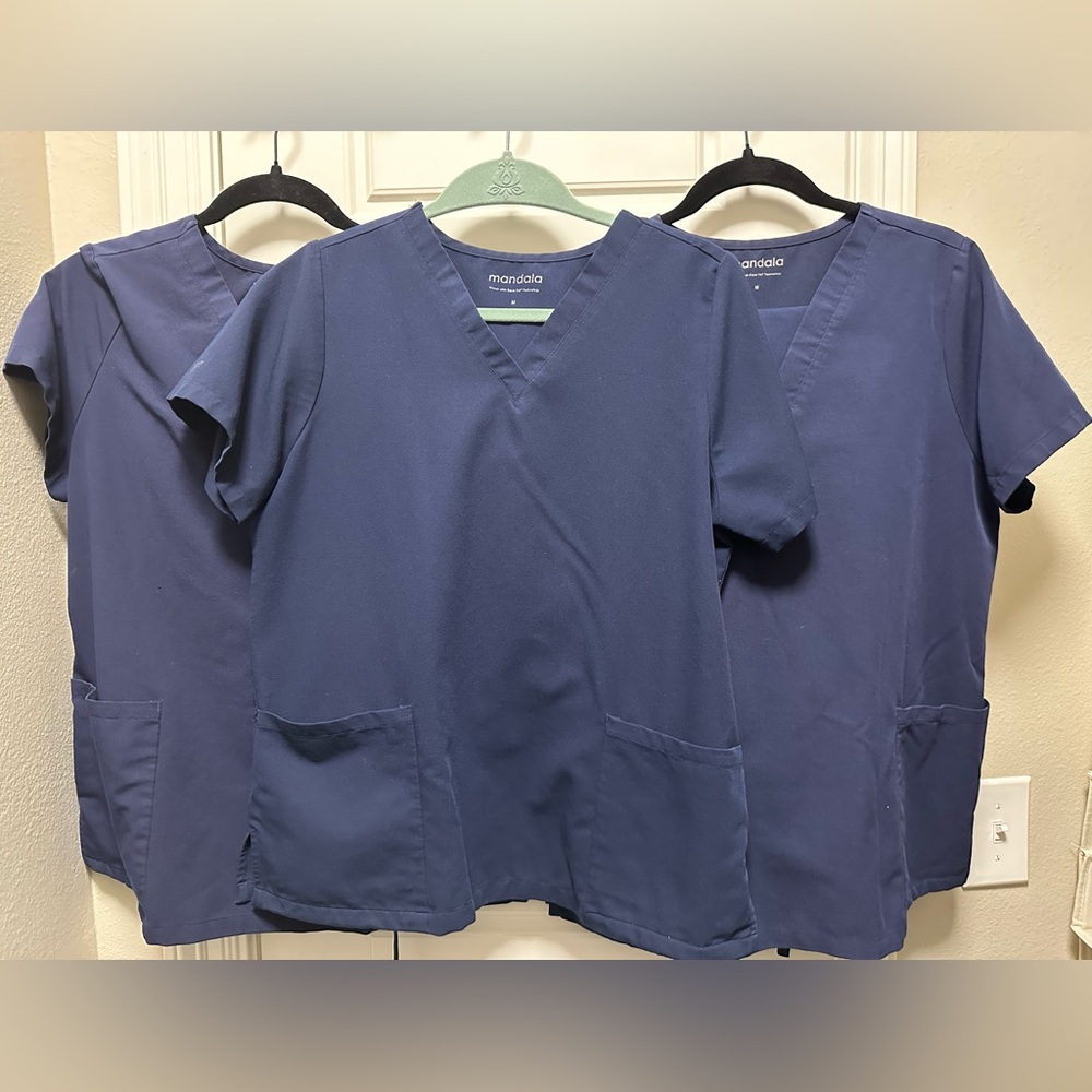 SET OF THREE (3). Women’s Mandala Navy Blue Scrub Top + 3 pairs of cargo pants